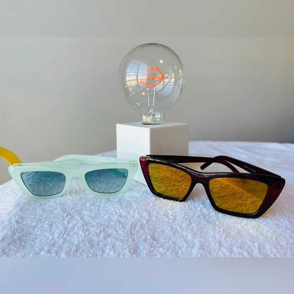 Men’s / Unisex Two Cat-Eye Sunglasses Pair - Mint & Burgundy with Mirrored Duo - Picture 1 of 10
